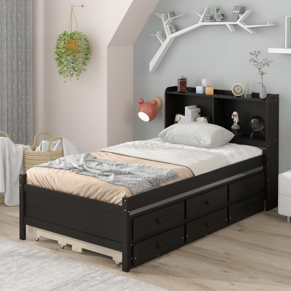 Full/Twin Wood Frame Platform Bed with Trundle and Drawers, Espresso, Twin