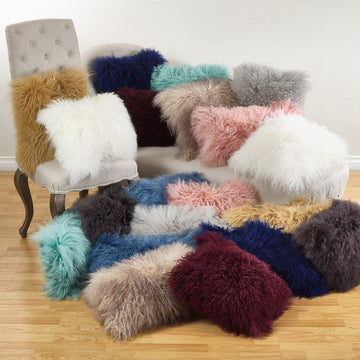 Mongolian Lamb Fur Poly Filled Throw Pillow, Rose, 12"x20"