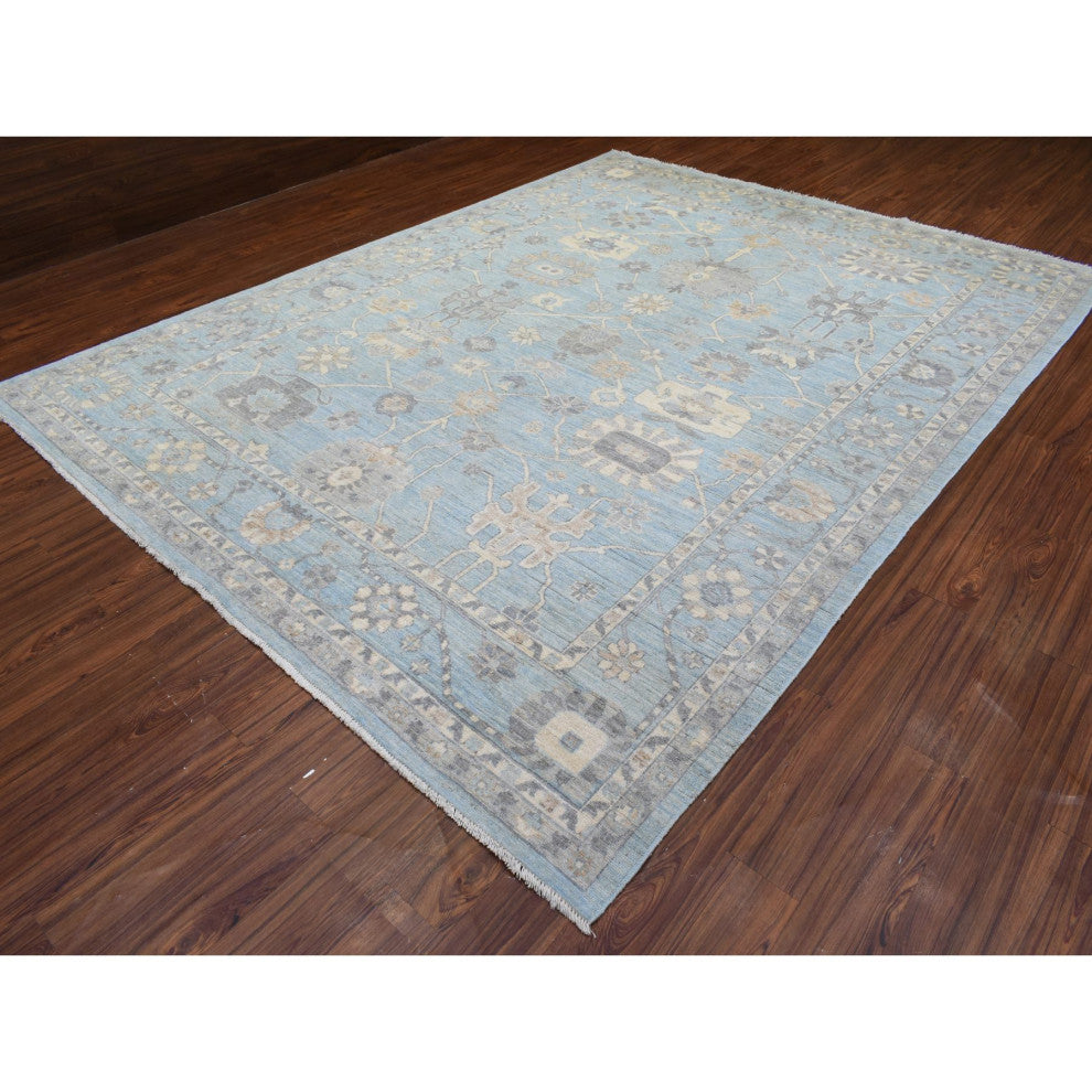 Blue Wool Hand Knotted Afghan Oushak All Over Design Oriental Rug, 9'1"x11'10"