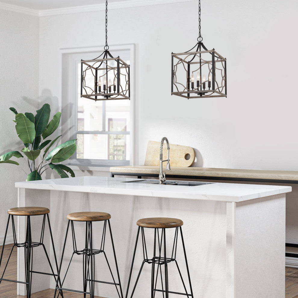 LNC Farmhouse 4-Light Sqaure Black Chandelier With Wood Accent
