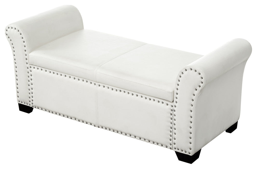 Veber PU Leather Nailhead Trim Storage Ottoman Bench, Ivory