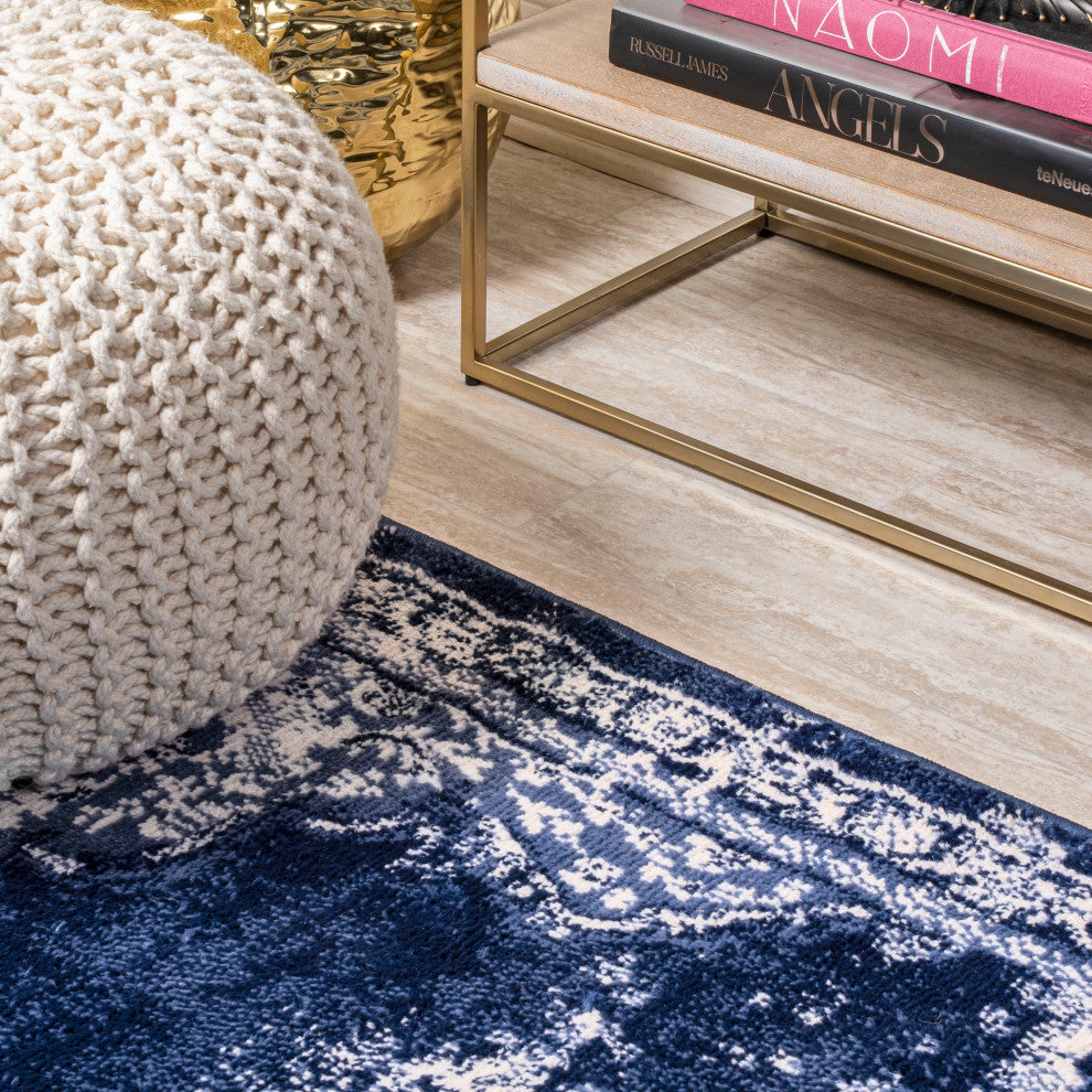 Alhambra Ornate Medallion Modern Runner Rug, Navy/Ivory, 3x5