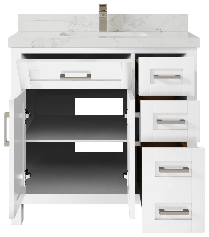 Cambridge 36 Center Sink Bath Vanity in White 2" Calacatta Nuvo