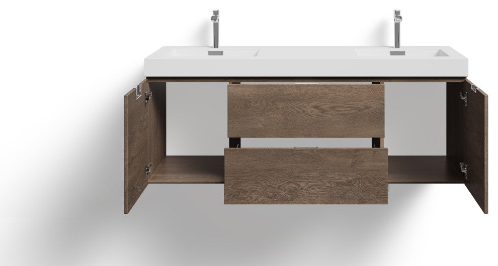 Boutique Bath Vanity, Butternut, 60", Double Sink, Wall Mount