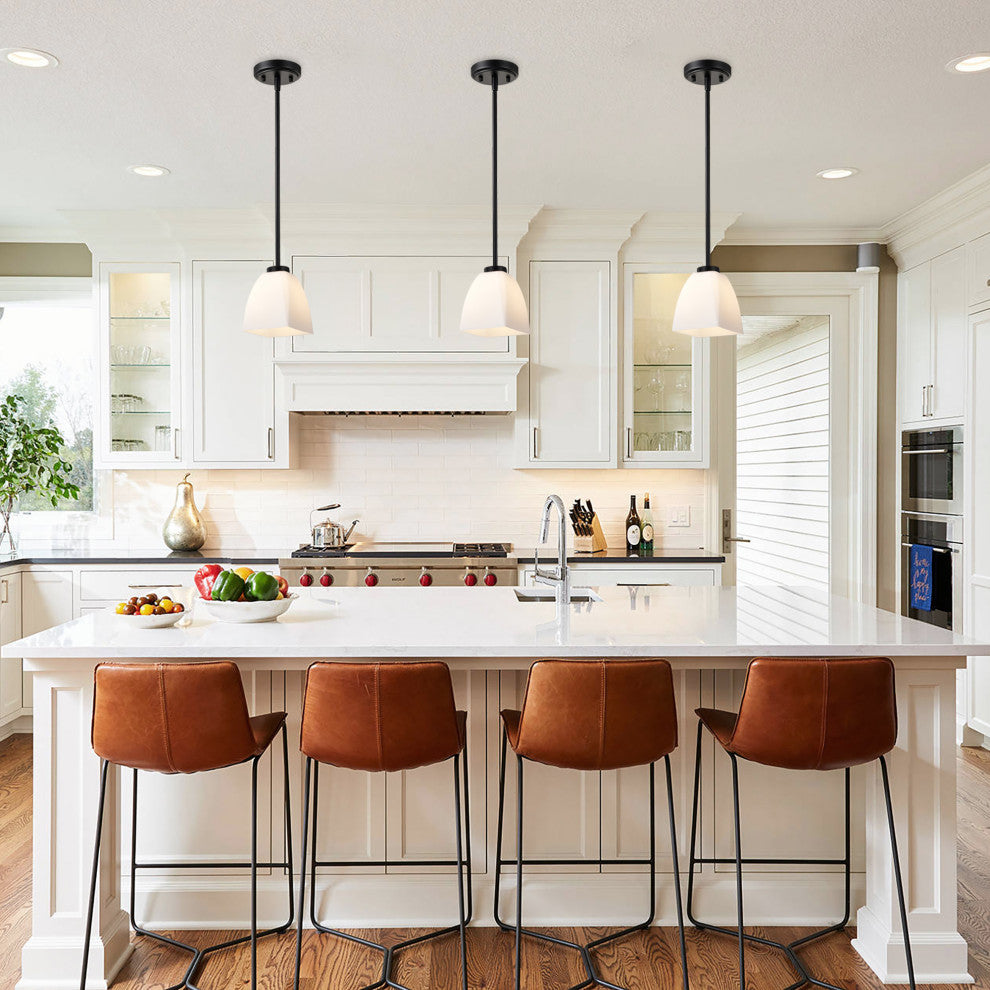 1-Light Matte Black Mini Pendant With Pyramid Shaped Etched White Glass Shade