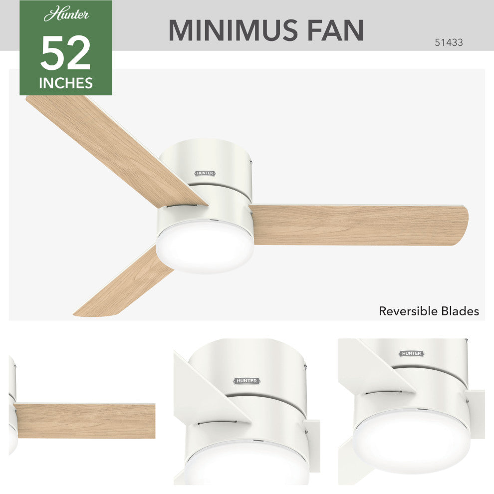 Hunter 52" Minimus Fresh White Low Profile Ceiling Fan With LED Light and Remote