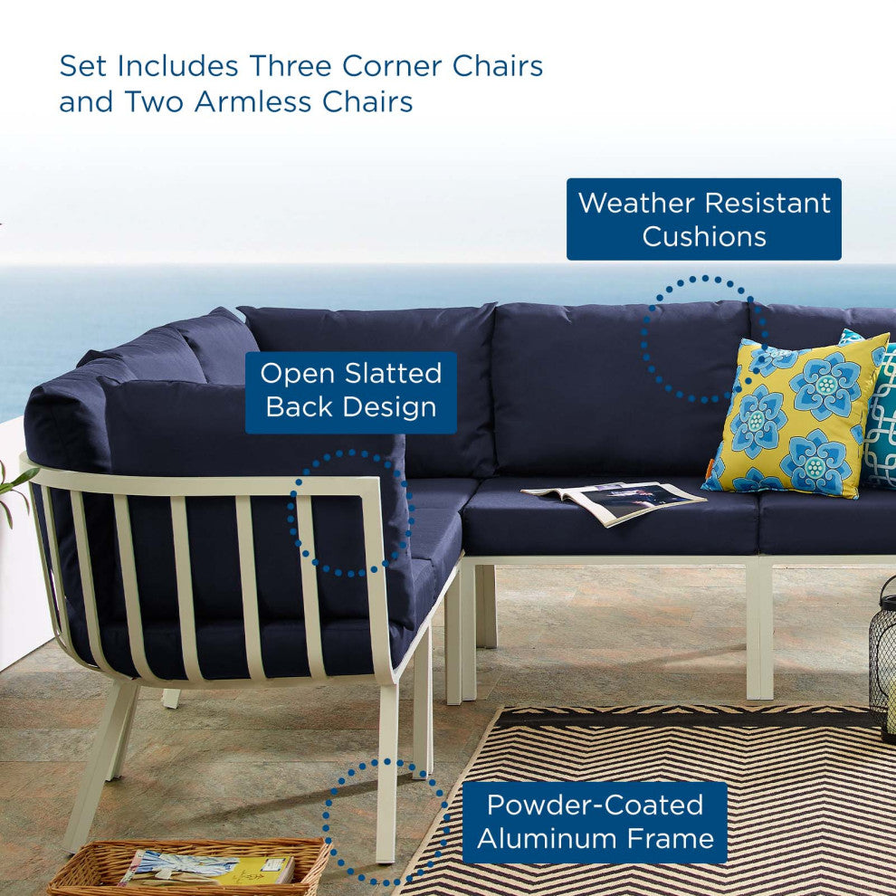 Lounge Sectional Sofa Chair Set, Aluminum, Metal, White Blue Navy, Outdoor