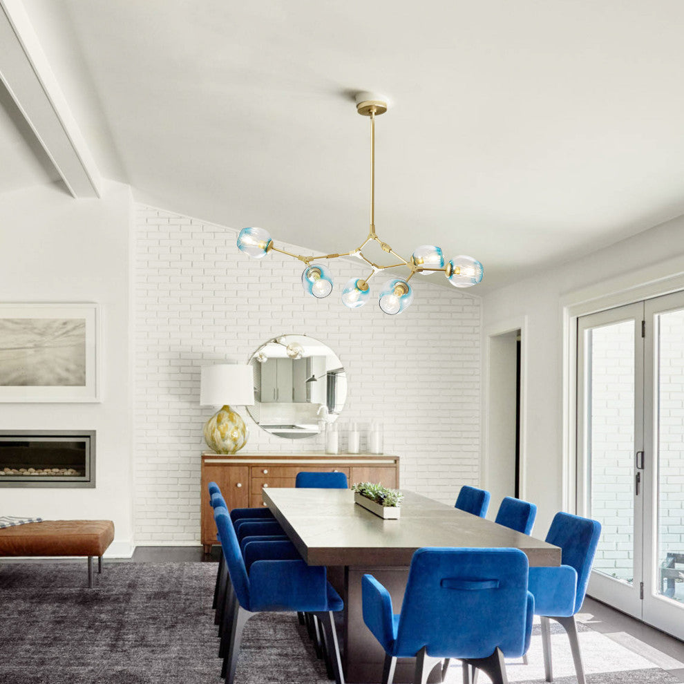 8-Light Adjustable Colorful Glass Shades Chandelier Pendant,Clear Glass Shades, Blue, 6light