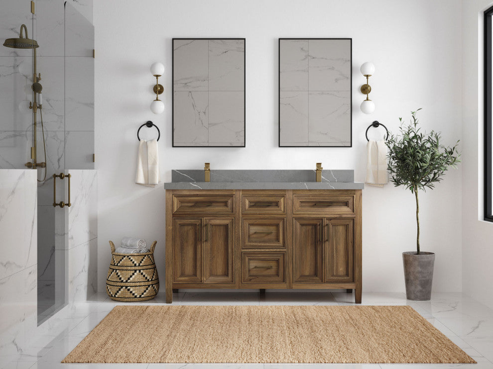 Santa Monica 60 Double Sink Bathroom Vanity in Graywashed Teak 2" Piatra Gray
