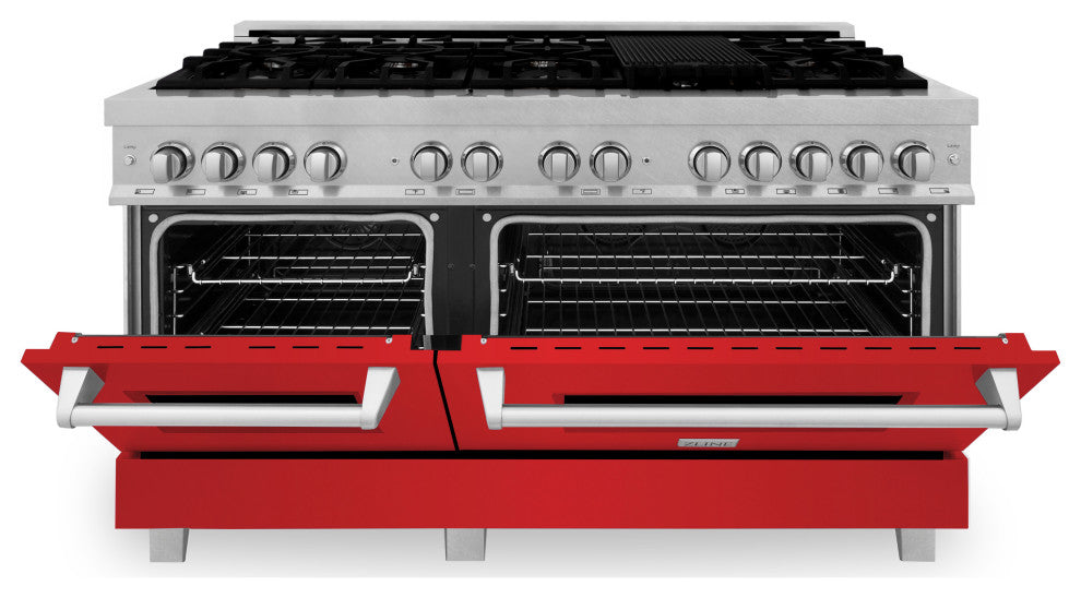 ZLINE 60" Dual Fuel Range, DuraSnow With Red Matte Door RAS-RM-60