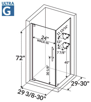LessCare ULTRA-G Clear Glass Pivot Shower Enclosures, Chrome, 29 3/8-30"x72"x29-30