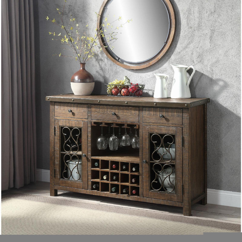 Farmhouse Sideboard, Cabinet Doors With Unique Scrolled Accents & Grid Wine Rack