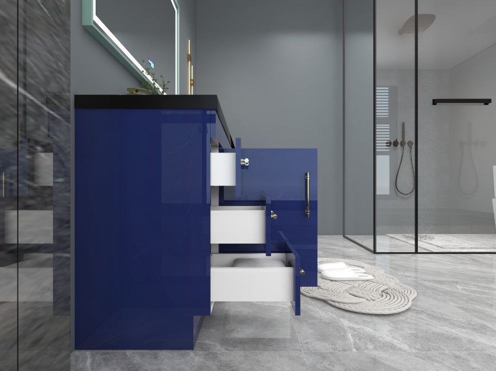 Rosa 60" Free Standing Modern Vanity, High Gloss Night Blue, Matt Black Top