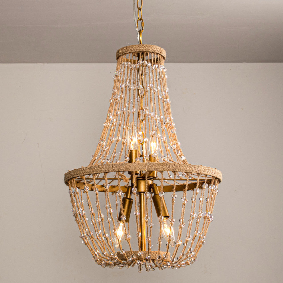 4-Light Farmhouse Chandelier With Jute Rope and Crystal Shade