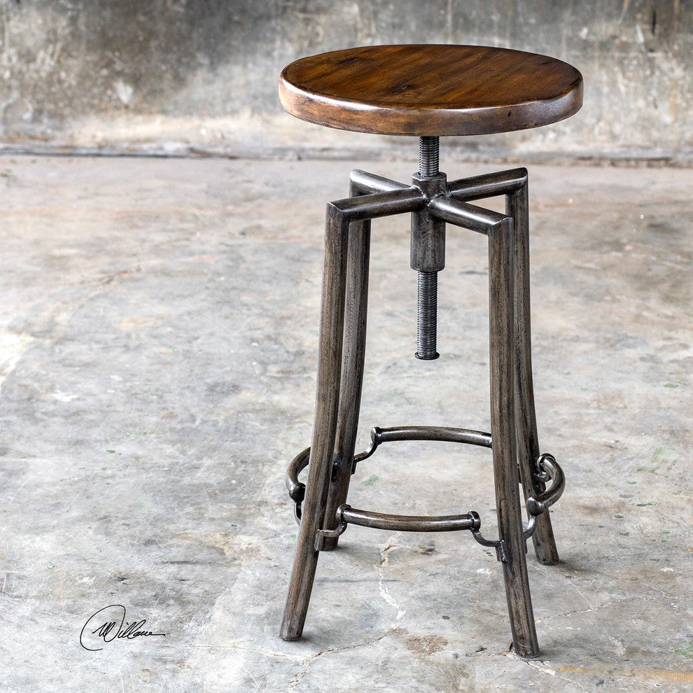 Round Industrial Antique Style Bar Stool, Adjustable Screw Seat Wood Steel Iron
