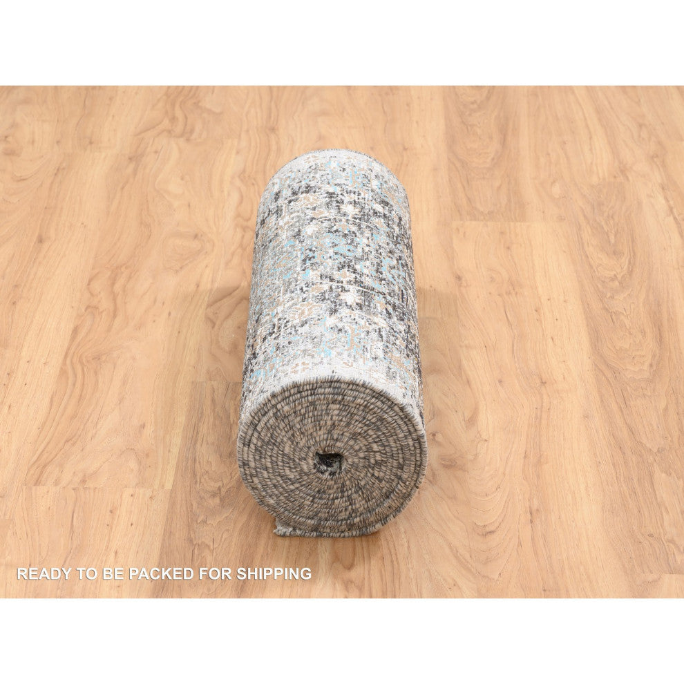 Gray, Hand Knotted Modern Persian Silk With Wool XL Runner Rug, 2'6"x20'0"