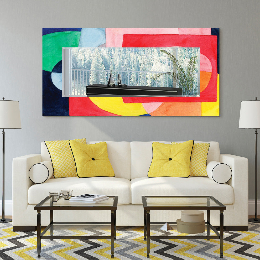Abstract Rectangular Beveled Wall Mirror on Free Floating Printed Tempered Glass