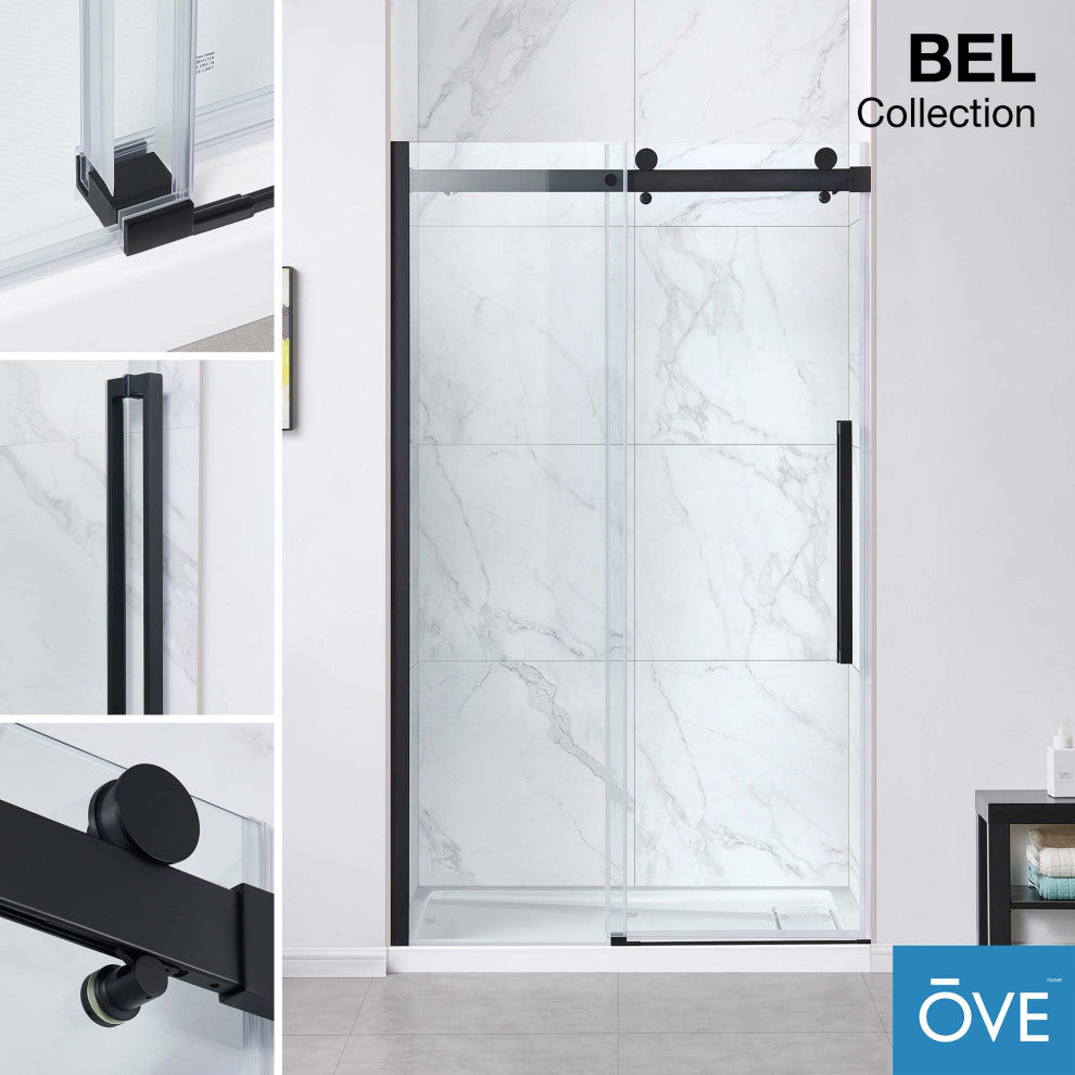 Bel Soft-Close Frameless Sliding Soft Close Shower Door, Matte Black, 48"