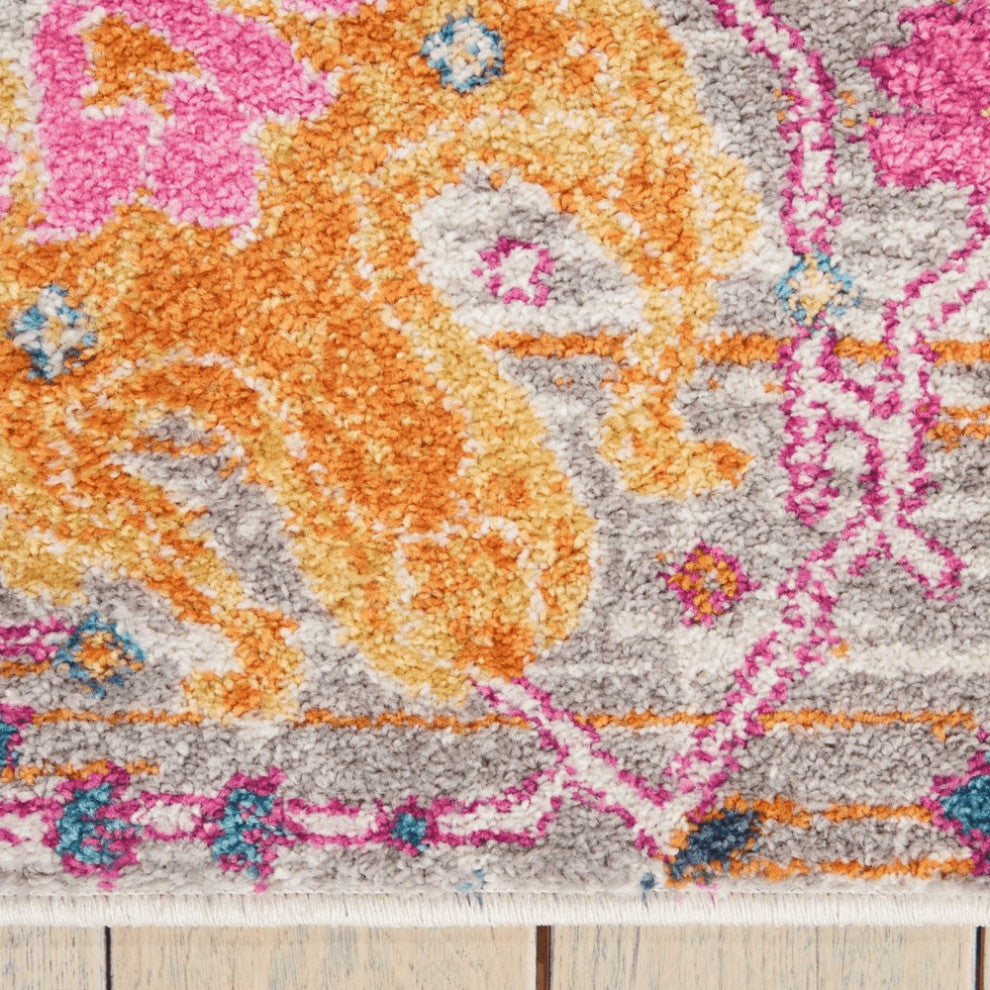 5' X 7' Gray and Pink Floral Power Loom Distressed Area Rug