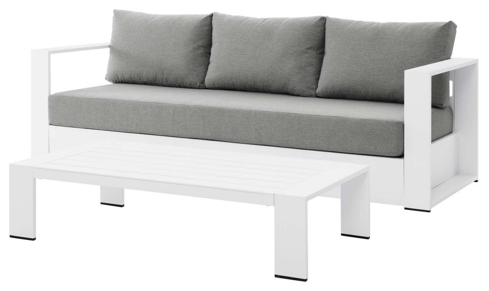 Sectional Sofa Table Set, White Gray, Aluminum, Modern, Outdoor Patio