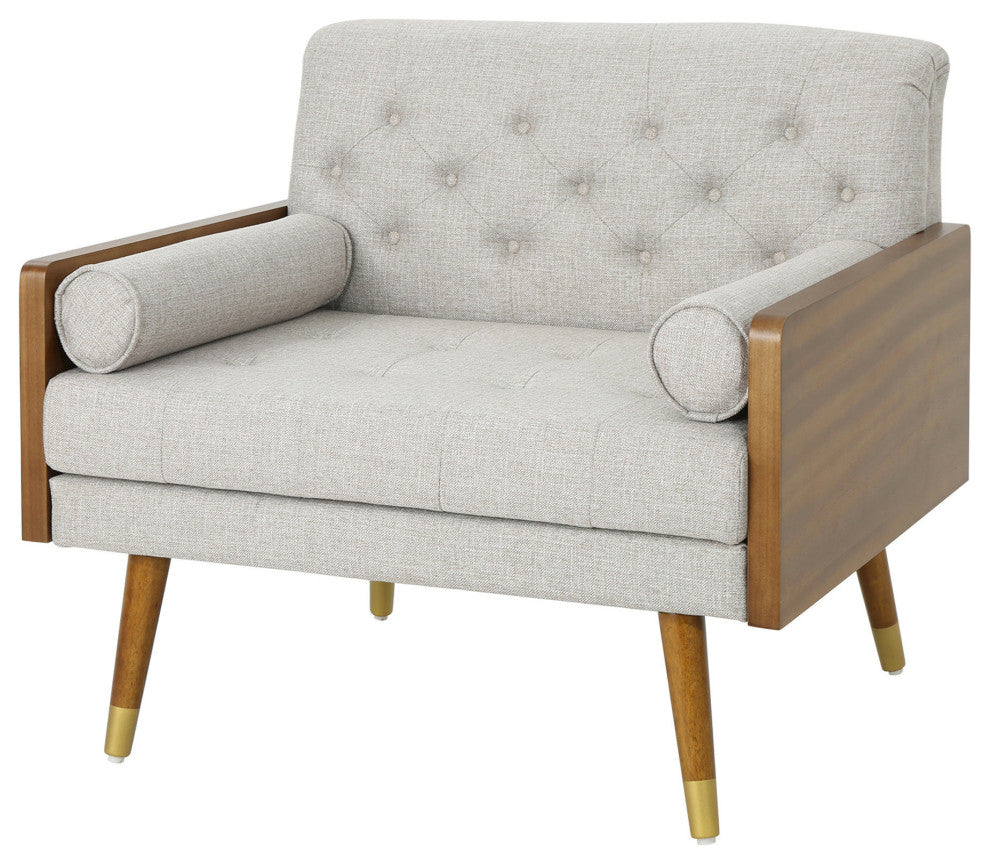 GDF Studio Greta Mid Century Modern Fabric Club Chair, Beige/Dark Walnut