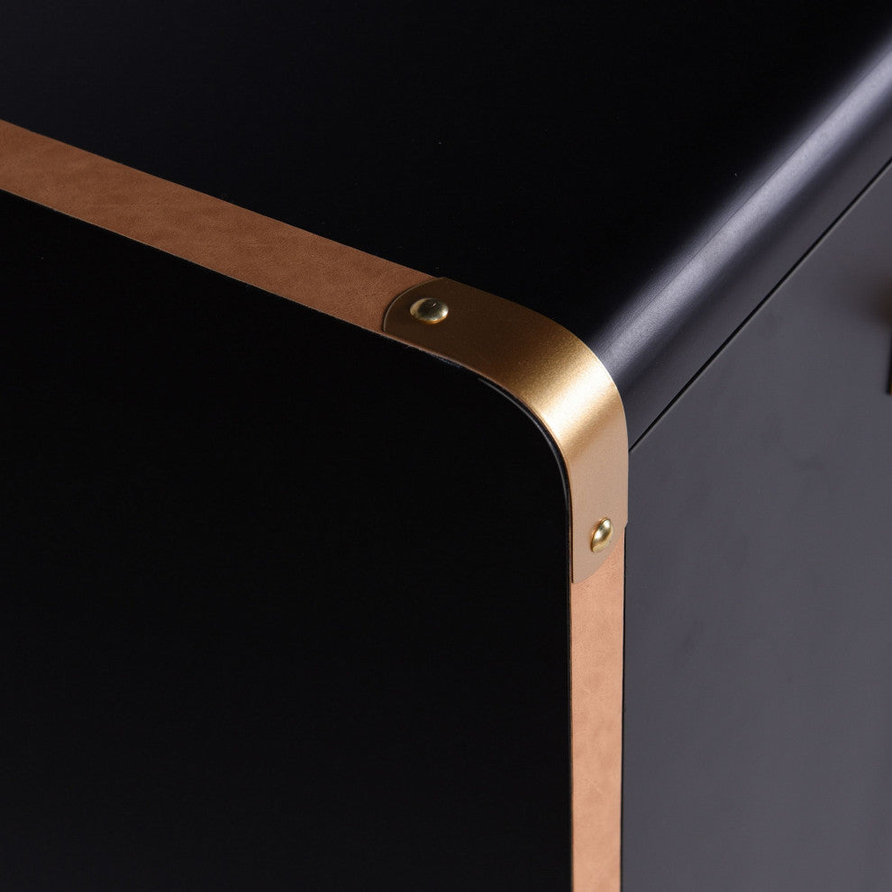 Hector Three Drawer and Two Door Trunk Sideboard Matte Black, Gold Finish