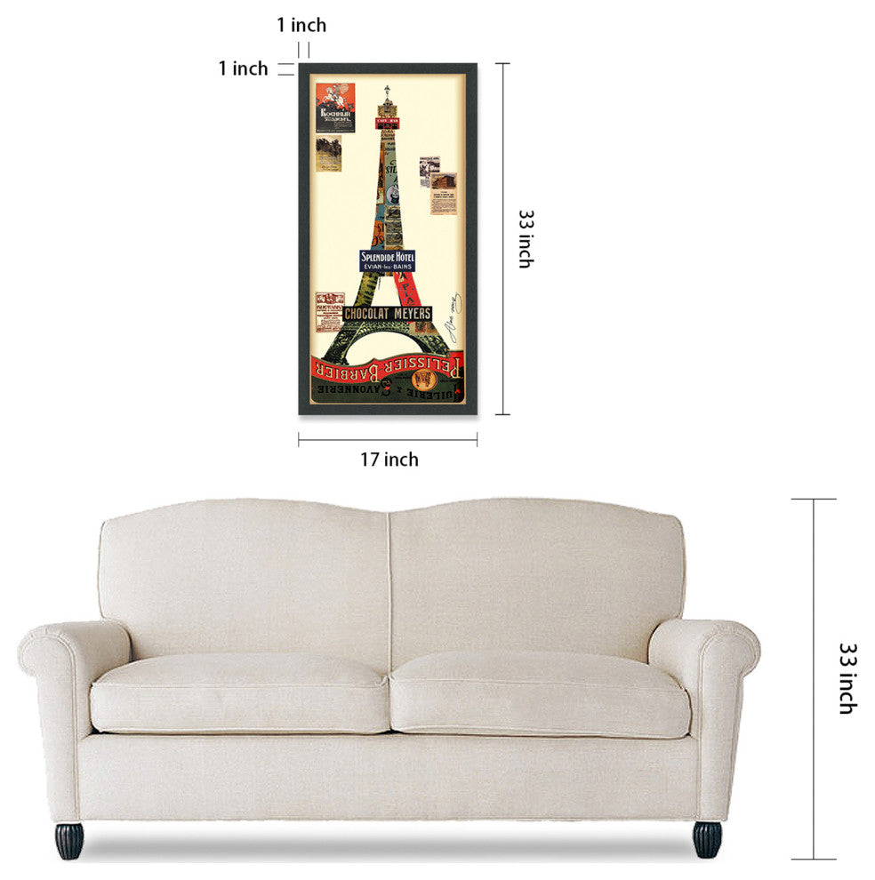 Eiffel Tower Collage Framed Graphic Wall Art Under Glass Handmade 33x17