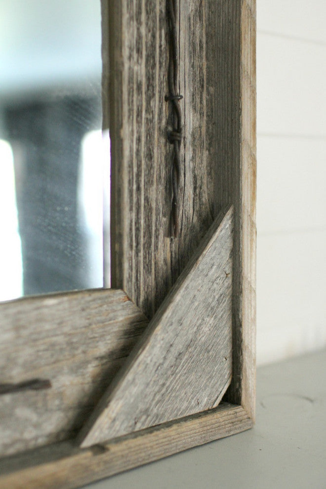 Rustic Mirror, Cornerblock Barnwood With Barbed Wire, 28"x34"