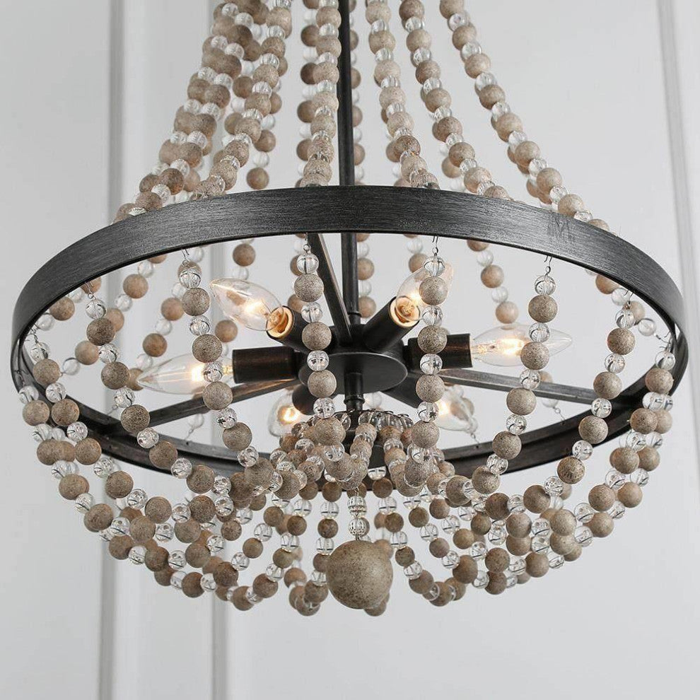LNC 6-light Farmhouse Black Brushed Wood Beaded Bohemian Chandelier