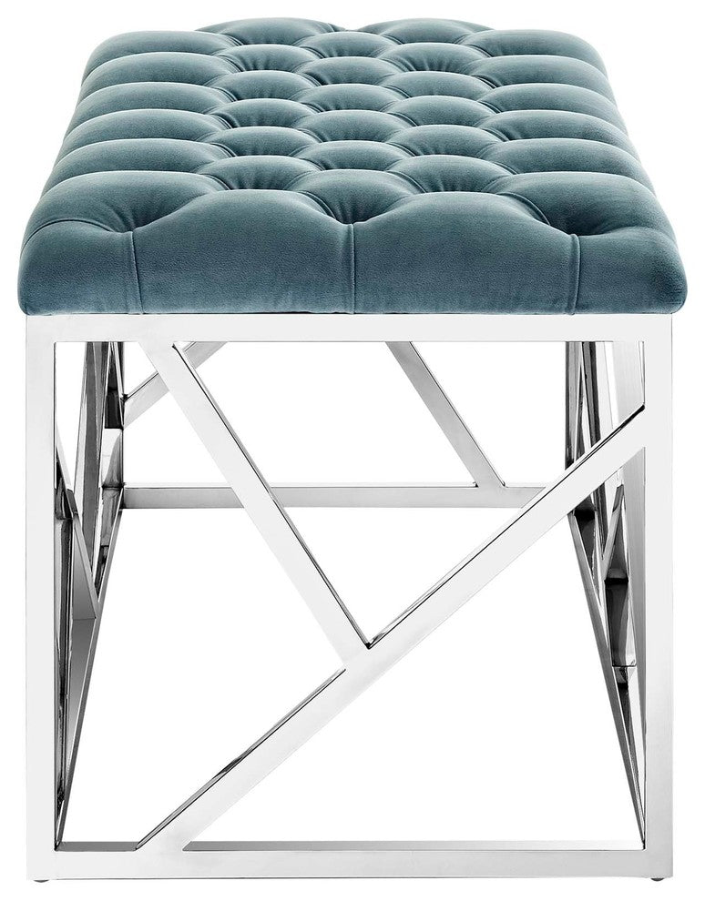 Modern Accent Chair Bench, Velvet Fabric Metal Steel, Blue