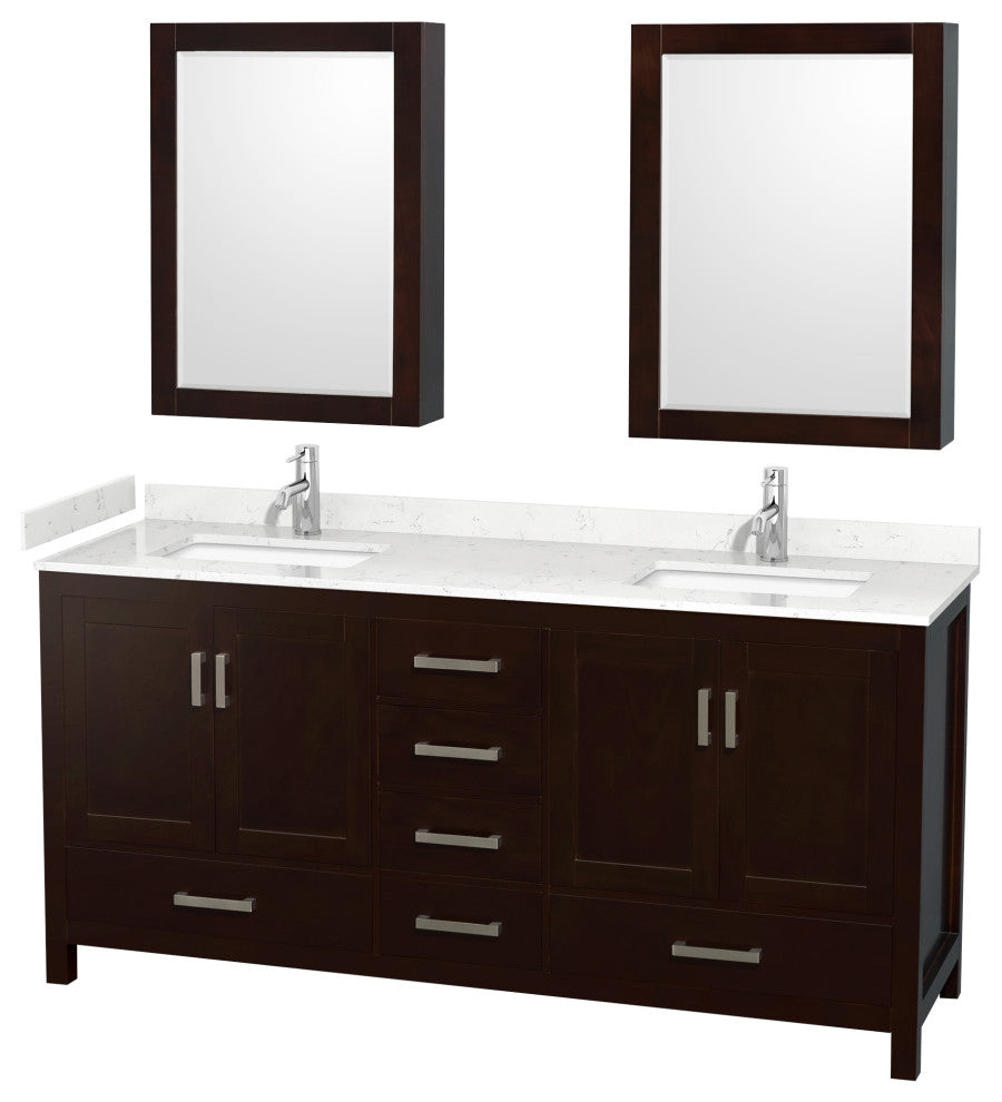 72"DBL Vanity Espresso, Carrara Cult. Marble Countertop, Sinks, Med. Cabinets