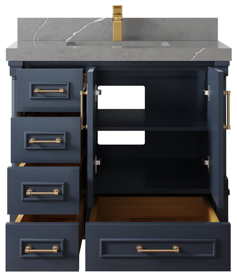 Aberdeen 36 Center Sink Bath Vanity in Hale Navy Blue  2" Piatra Gray