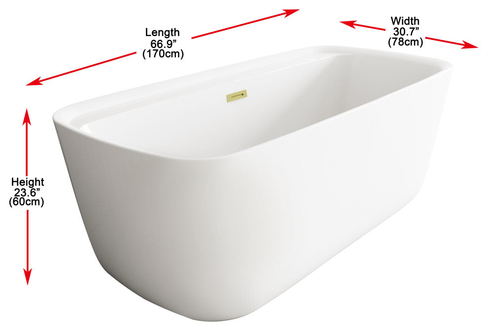 Charolette 67" Soaking Bathtub, Glossy White With Brushed Gold Trim