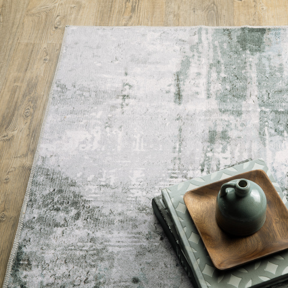 Michaela Machine Washable Modern Grey/ Teal Indoor Area Rug, Grey, 2'x3'