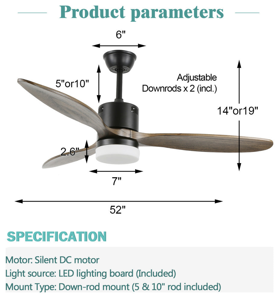 52" Solid Wood Ceiling Fan With Remote Control and Light Kit