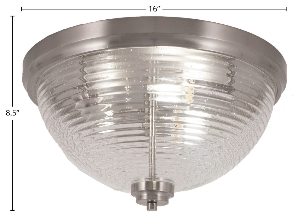16" 3-Light Flush Mount Light, Brushed Nickel/Ribbed Clear Bubble