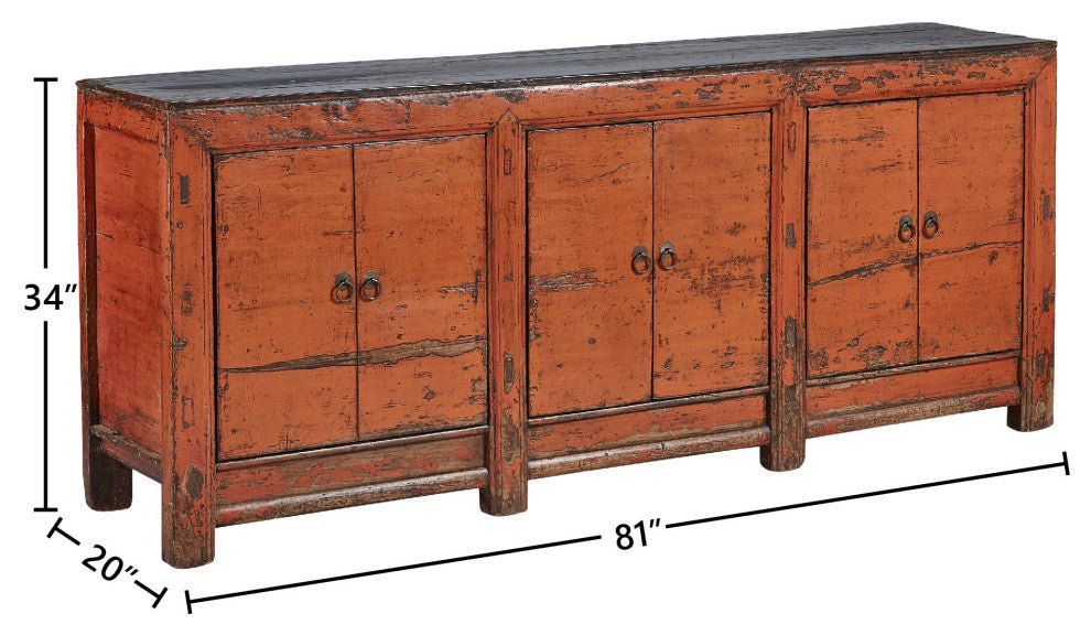 Antique 81-inch Amber Sideboard in Distressed Pine, Orange & Black