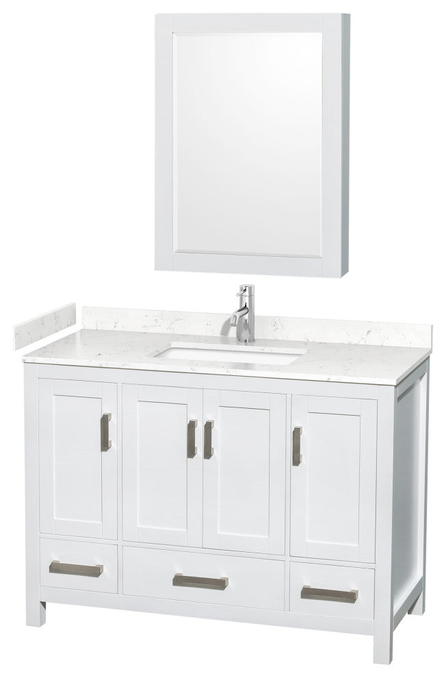48"SGL Bathroom Vanity White, Carrara Cult. Marble Countertop, Sink, Med.Cabinet