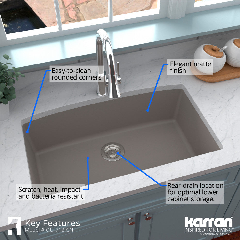 Karran Undermount Quartz Composite 32" Single Bowl Kitchen Sink, Concrete