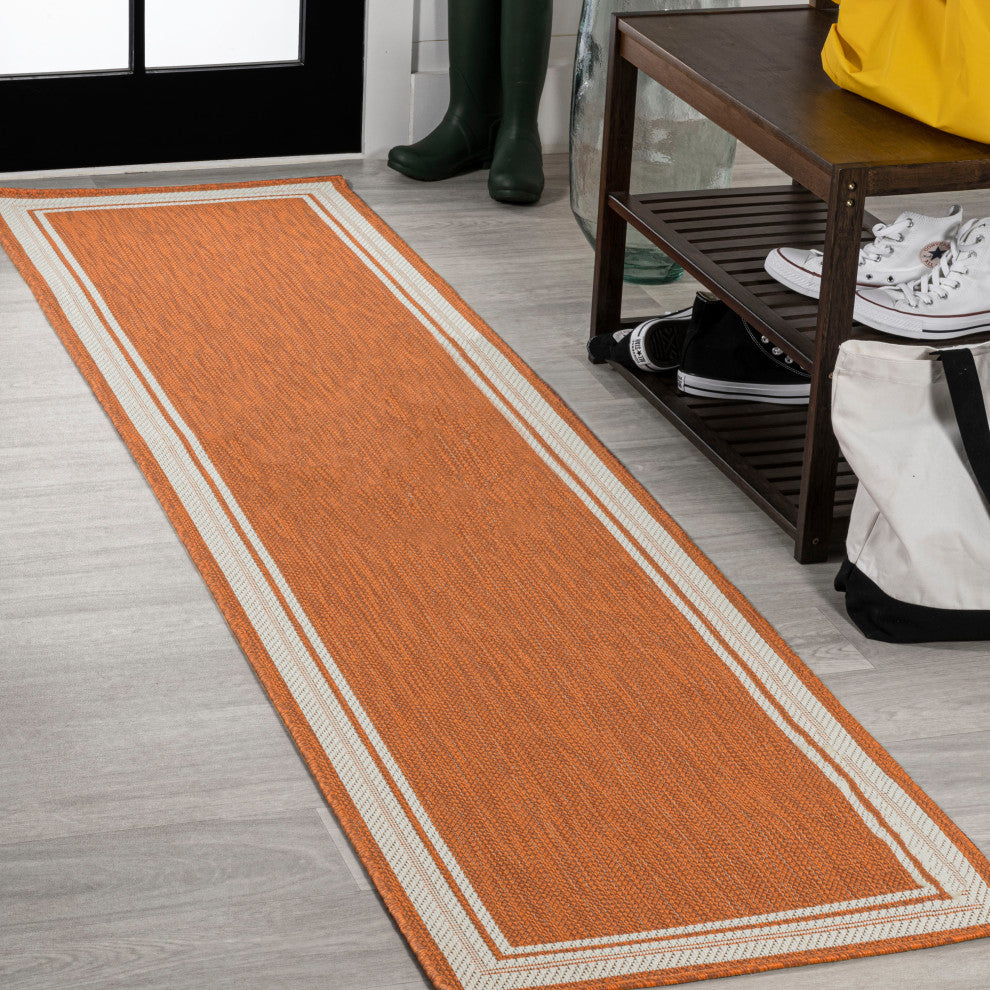 James Modern Border Stripe Indoor/Outdoor Area Rug, Orange/Cream, 2x8