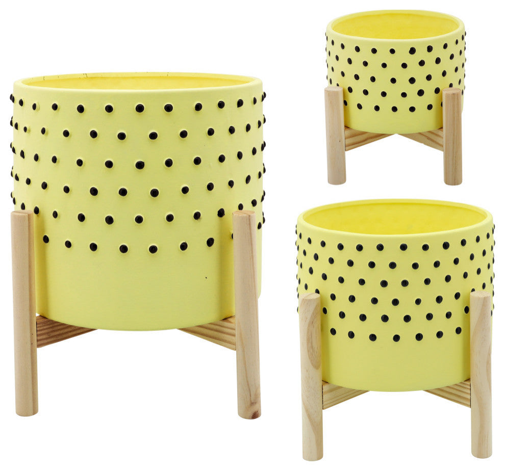8" Dotted Planter With Wood Stand, Yellow