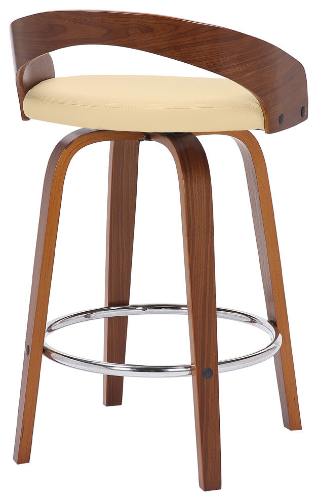 Sonia Swivel Faux Leather and Wood Stool, Cream/Walnut, Counter Height 26"