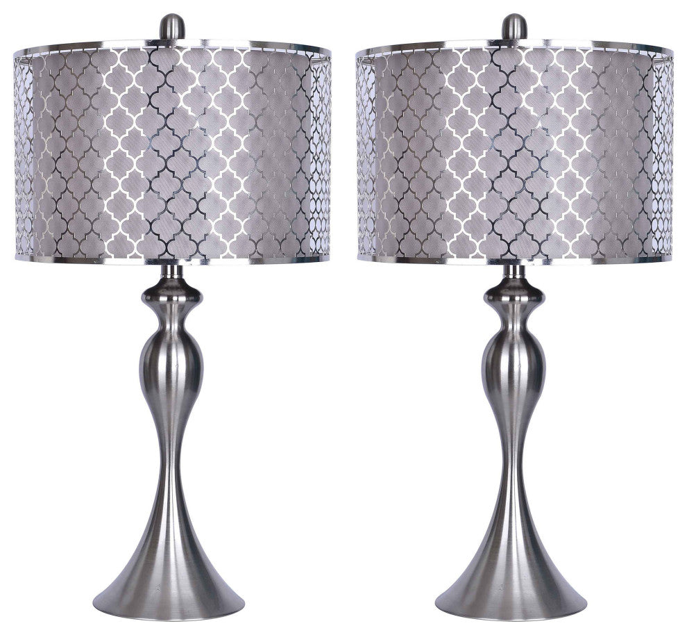 27" Brushed Nickel Table Lamp With Quatrefoil Brushed Nickel Shades, Set of 2