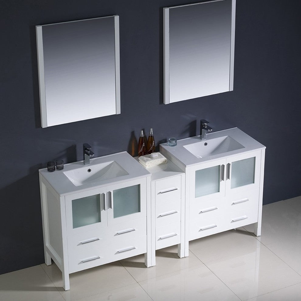 Torino 72" White Modern Double Sink Bathroom Vanity, Faucet FFT9151BN
