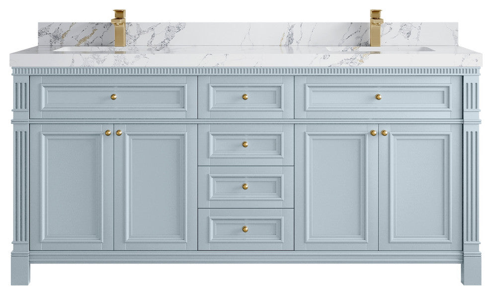 Paris 72" Double Sink Bathroom Vanity, Blue Heather 2" Calacatta Poannazo