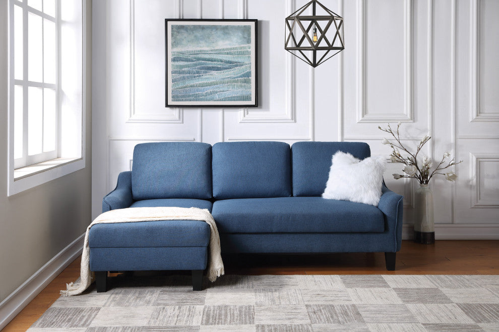 Lester Sofa With Chaise and Twin Sleeper, Blue fabric With Black legs