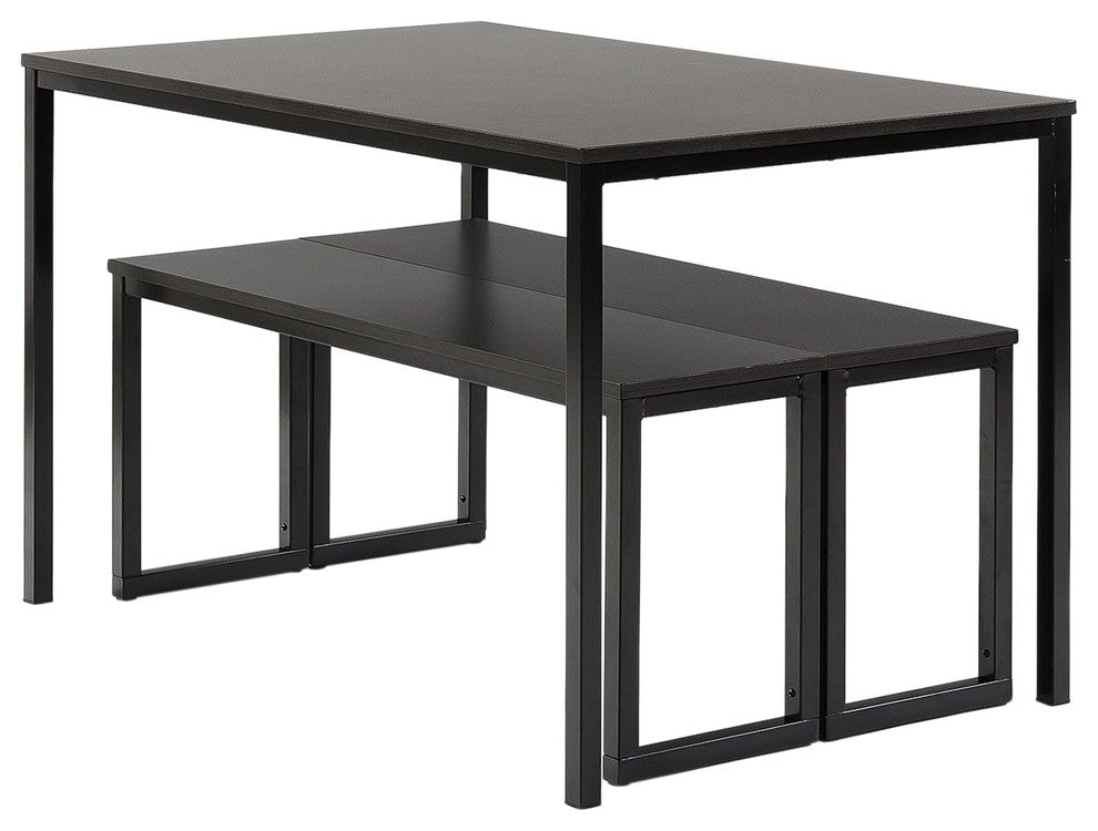 Modern Dining Table With Benches, 3-Piece Set, Espresso