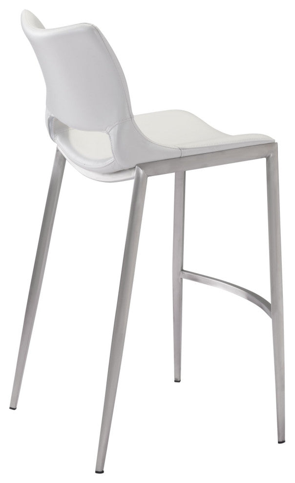 Bar Stool Chair Barstool, Set of 2, Faux Vinyl Leather, Steel, White, Silver
