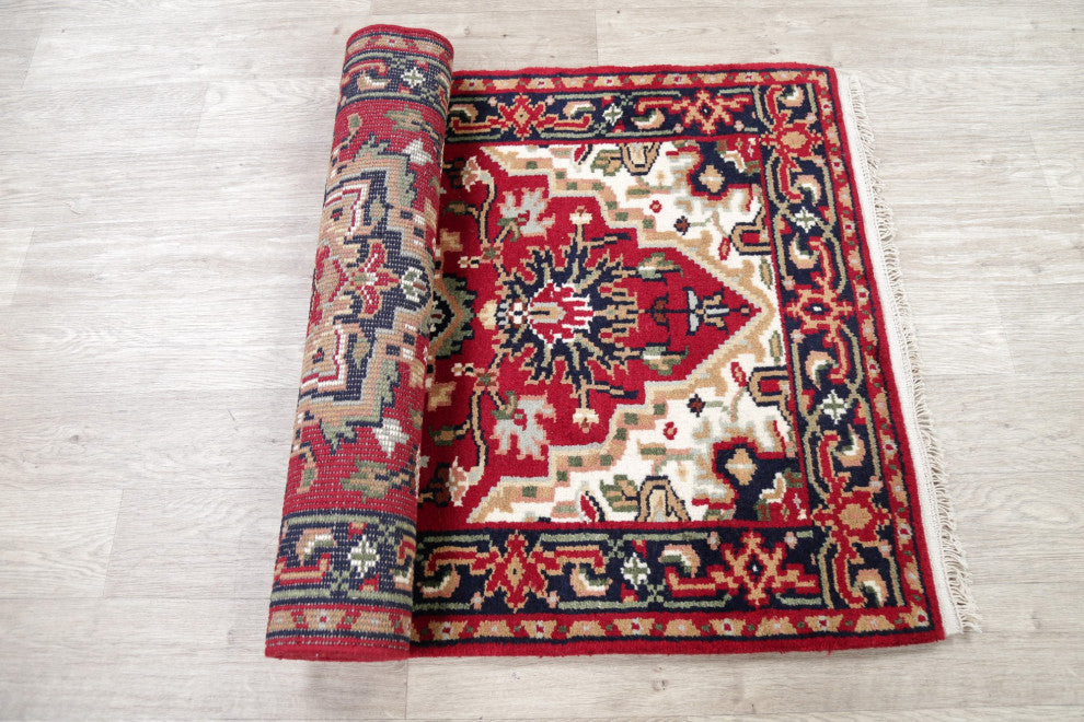 Hand-Knotted Heriz Oriental Traditional Indian Area Rug, Red, 5'4"x3'0