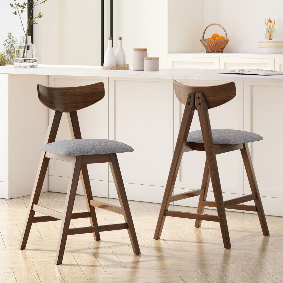 Sunapee Fabric Upholstered Wood Counter Stools, Set of 2, Dark Gray + Natural Walnut